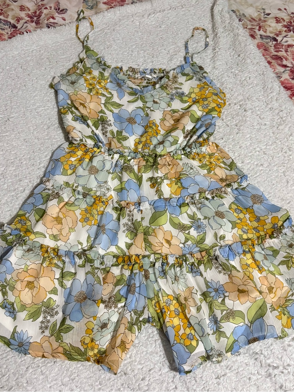 Blu Pepper Floral Tiered Romper in Pastel Yellow, Blue & Cream